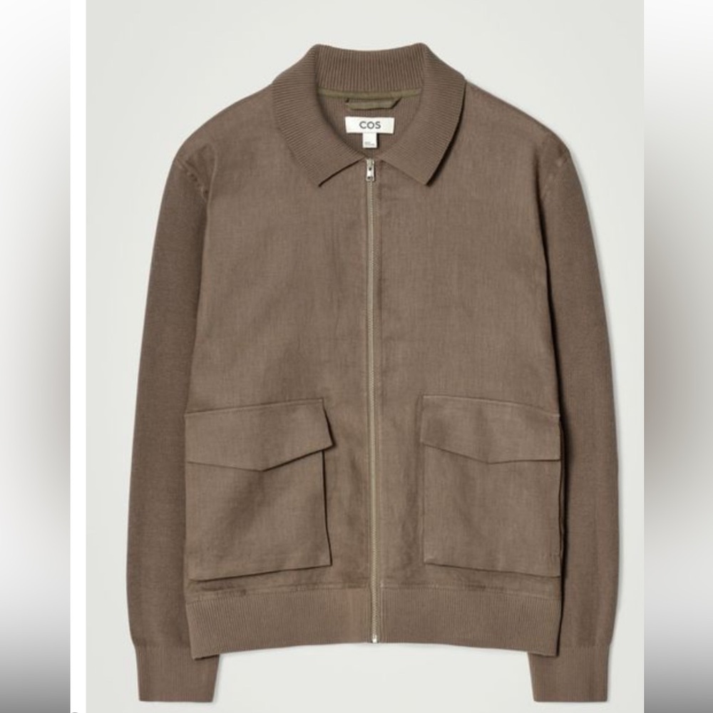 COS Knit Panel Linen Jacket Men's Zip-Front Pocket in Taupe